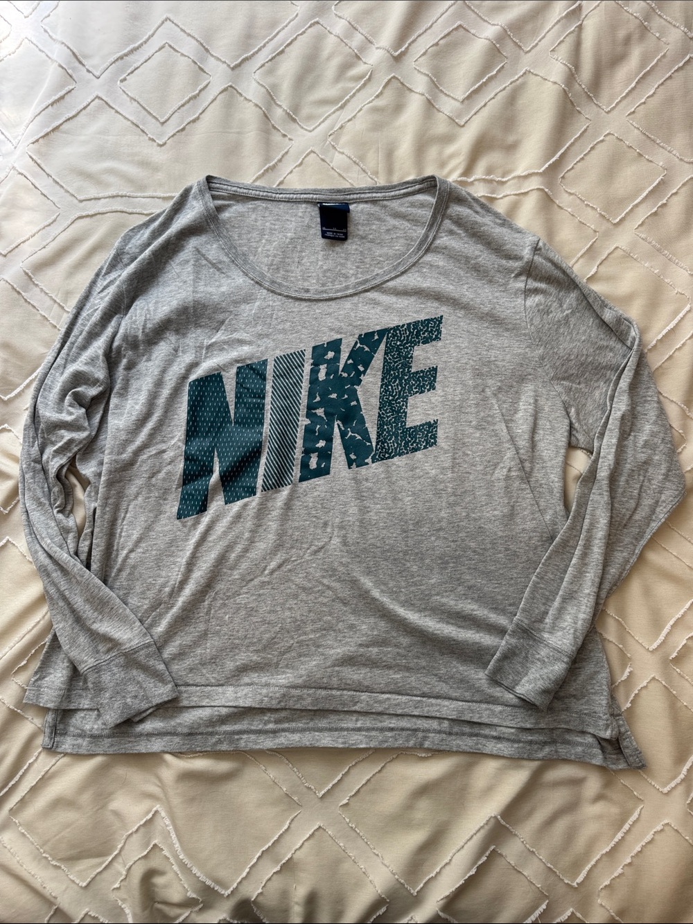 Nike Gray Long Sleeve Shirt with Teal Graphic Logo
